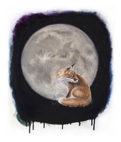 A realistic painting of a fox sitting in front of a full moon